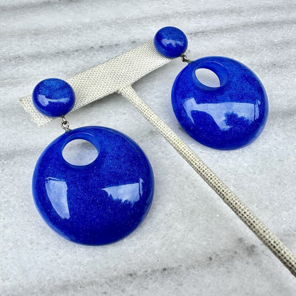 Zsiska Blue Resin Drop Earrings 2” Modernist Sparkly Sculptural Glossy European
